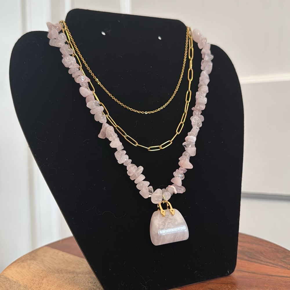 Layered Rose Quartz 3 pc Necklace Stack - Picture 2 of 4